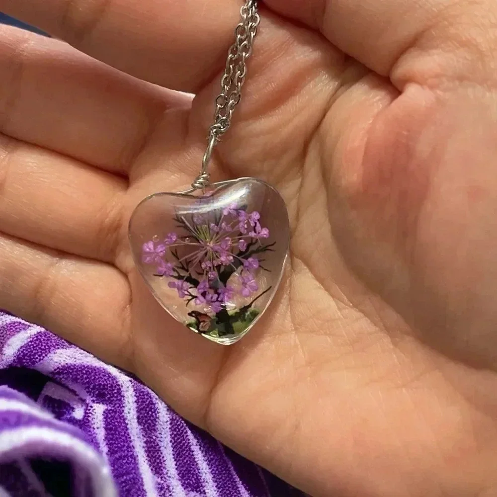 Resin Flower Pressed & Tree Heart Pendant Charm Stainless Steel Necklace
